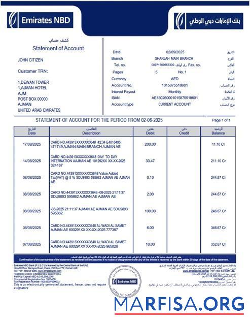 Printable Emirates NBD statement of account word sample